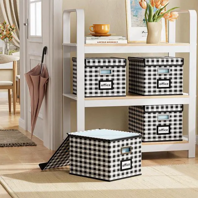 Alt view image 2 of 7 - File Organizer Box with Lid, Collapsible File Folder Organizer for Office Document Storage, Filing Box with Plastic Slide for Letter Size Hanging File Folders(1 Pack, Black & White Lattice)
