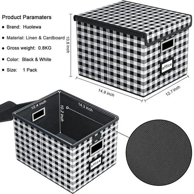 Alt view image 5 of 7 - File Organizer Box with Lid, Collapsible File Folder Organizer for Office Document Storage, Filing Box with Plastic Slide for Letter Size Hanging File Folders(1 Pack, Black & White Lattice)