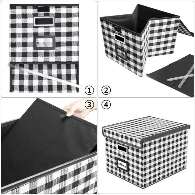Alt view image 6 of 7 - File Organizer Box with Lid, Collapsible File Folder Organizer for Office Document Storage, Filing Box with Plastic Slide for Letter Size Hanging File Folders(1 Pack, Black & White Lattice)