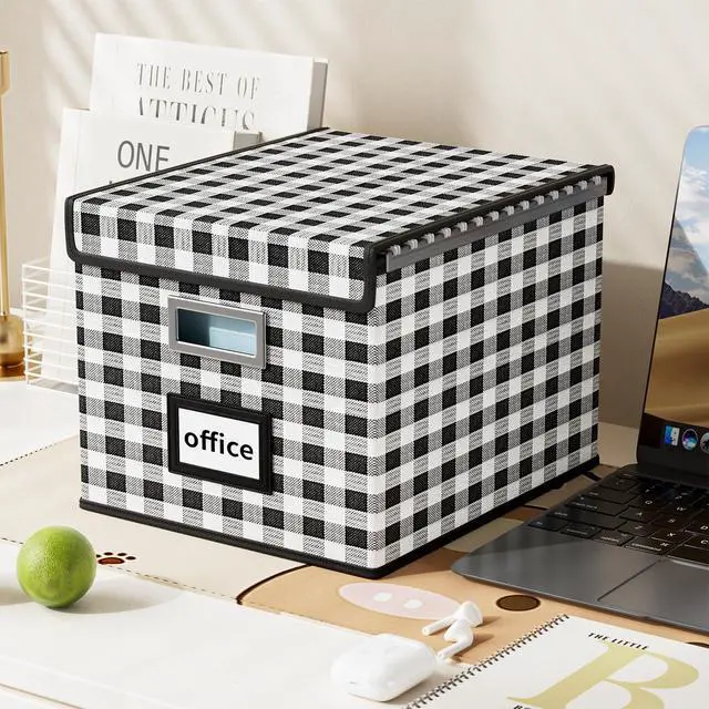 Alt view image 4 of 7 - File Organizer Box with Lid, Collapsible File Folder Organizer for Office Document Storage, Filing Box with Plastic Slide for Letter Size Hanging File Folders(1 Pack, Black & White Lattice)