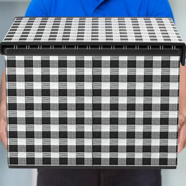 Alt view image 7 of 7 - File Organizer Box with Lid, Collapsible File Folder Organizer for Office Document Storage, Filing Box with Plastic Slide for Letter Size Hanging File Folders(1 Pack, Black & White Lattice)