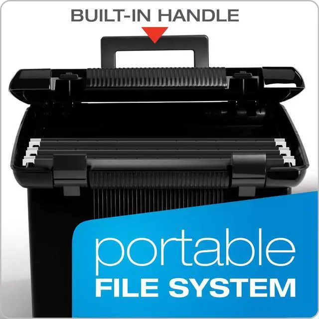 Alt view image 2 of 7 - Portable File Box with File Rails, Simple Document Storage, File Bin for Home and Office, Hinged Lid with Double Latch Closure, Black, 3 Black Letter Size Hanging Folders Included (41742AMZ)
