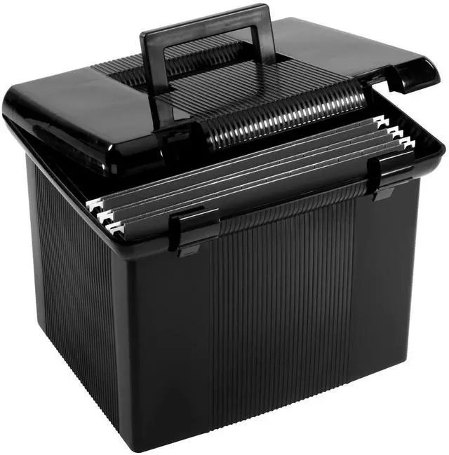 Main image of Portable File Box with File Rails, Simple Document Storage, File Bin for Home and Office, Hinged Lid with Double Latch Closure, Black, 3 Black Letter Size Hanging Folders Included (41742AMZ)