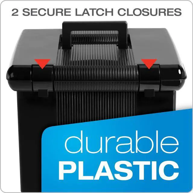 Alt view image 5 of 7 - Portable File Box with File Rails, Simple Document Storage, File Bin for Home and Office, Hinged Lid with Double Latch Closure, Black, 3 Black Letter Size Hanging Folders Included (41742AMZ)