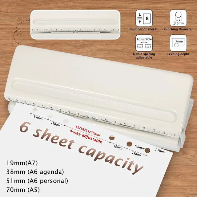 Alt view image 2 of 7 - Metal Adjustable 6 Hole Punch for A5 A6 A7 Binders/Planners, Paper Hole Puncher 6 Ring with Guide Rule, 6 Sheet Capacity, Heavy Duty 6 Hole Punch for Binder/Agenda/Notebook/Bookbinding DIY (Off White)