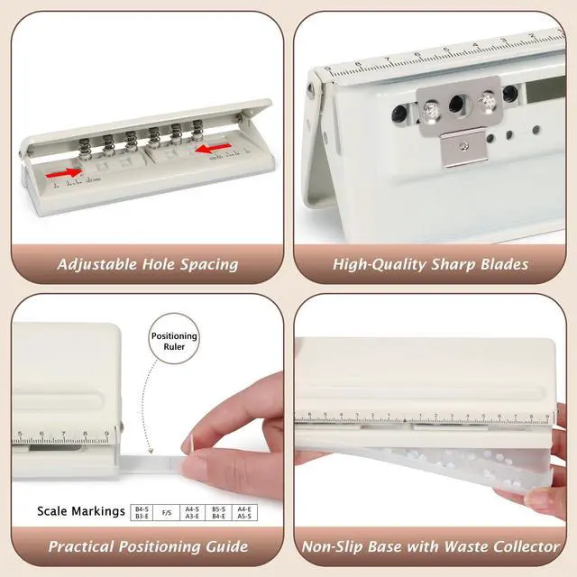 Alt view image 3 of 7 - Metal Adjustable 6 Hole Punch for A5 A6 A7 Binders/Planners, Paper Hole Puncher 6 Ring with Guide Rule, 6 Sheet Capacity, Heavy Duty 6 Hole Punch for Binder/Agenda/Notebook/Bookbinding DIY (Off White)