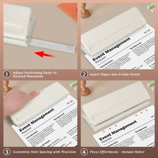Alt view image 4 of 7 - Metal Adjustable 6 Hole Punch for A5 A6 A7 Binders/Planners, Paper Hole Puncher 6 Ring with Guide Rule, 6 Sheet Capacity, Heavy Duty 6 Hole Punch for Binder/Agenda/Notebook/Bookbinding DIY (Off White)