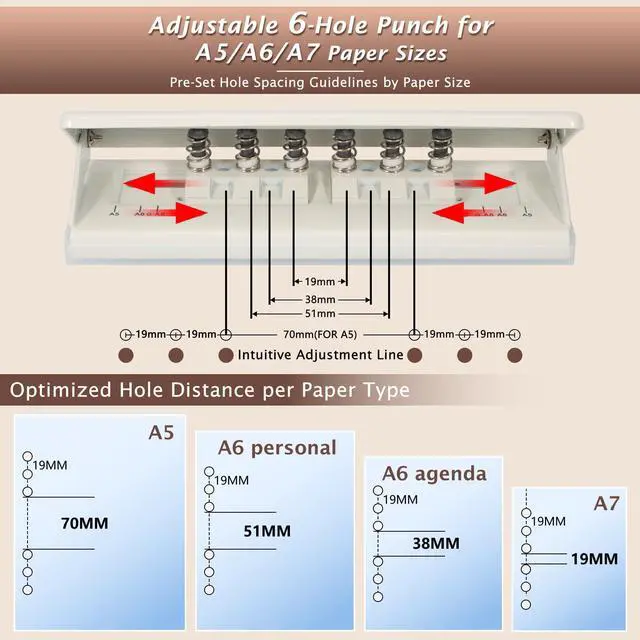 Alt view image 5 of 7 - Metal Adjustable 6 Hole Punch for A5 A6 A7 Binders/Planners, Paper Hole Puncher 6 Ring with Guide Rule, 6 Sheet Capacity, Heavy Duty 6 Hole Punch for Binder/Agenda/Notebook/Bookbinding DIY (Off White)