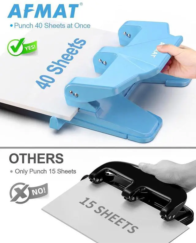 Alt view image 2 of 7 - 3 Hole Punch Heavy Duty, 40-Sheet Three Hole Punch, 50% Reduced Effort, 3 Hole Puncher for Binder w/Large Chip Tray, 9/32" Holes Diameter, Metal Paper Puncher for Home/Office/School, HP14(Cyan)