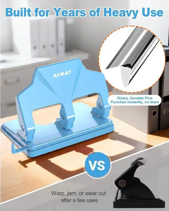 Alt view image 4 of 7 - 3 Hole Punch Heavy Duty, 40-Sheet Three Hole Punch, 50% Reduced Effort, 3 Hole Puncher for Binder w/Large Chip Tray, 9/32" Holes Diameter, Metal Paper Puncher for Home/Office/School, HP14(Cyan)