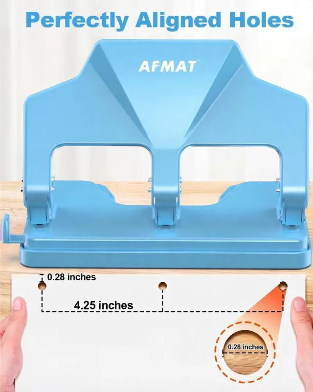 Alt view image 5 of 7 - 3 Hole Punch Heavy Duty, 40-Sheet Three Hole Punch, 50% Reduced Effort, 3 Hole Puncher for Binder w/Large Chip Tray, 9/32" Holes Diameter, Metal Paper Puncher for Home/Office/School, HP14(Cyan)