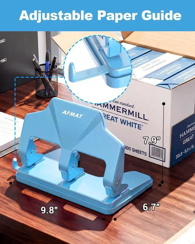 Alt view image 6 of 7 - 3 Hole Punch Heavy Duty, 40-Sheet Three Hole Punch, 50% Reduced Effort, 3 Hole Puncher for Binder w/Large Chip Tray, 9/32" Holes Diameter, Metal Paper Puncher for Home/Office/School, HP14(Cyan)