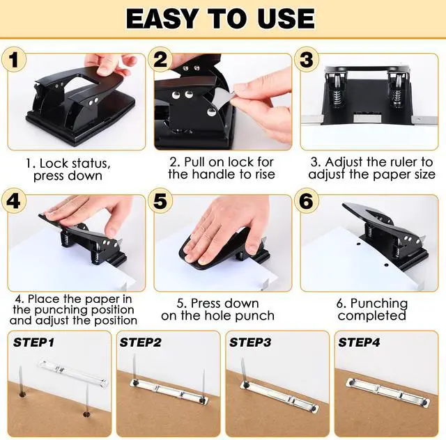 Alt view image 7 of 7 - Heavy Duty 2 Hole Punch with 50pcs Paper Fasteners, Paper Two Hole Puncher and Metal Prong Fasteners Combo Set for File Folder, Padded Handle, 30 Sheet Capacity (Compressor)