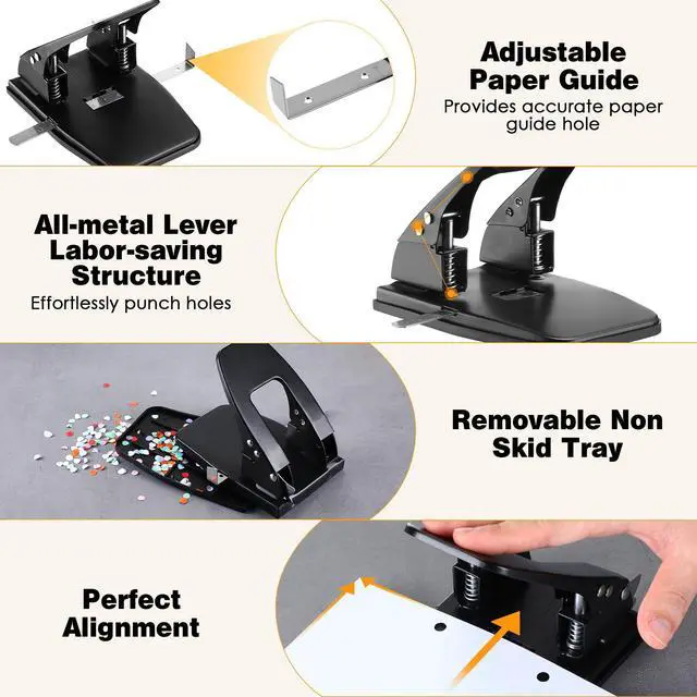 Alt view image 5 of 7 - Heavy Duty 2 Hole Punch with 50pcs Paper Fasteners, Paper Two Hole Puncher and Metal Prong Fasteners Combo Set for File Folder, Padded Handle, 30 Sheet Capacity (Compressor)
