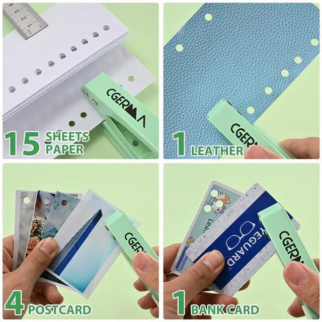 Alt view image 5 of 5 - Single Hole Puncher, 1/4" Hole, 50% Labor Savings, Heavy Duty Metal Punch, 15 Sheet Capacity, for ID Cards, Chipboard, Art Project, Crafts Easy Punching, Green