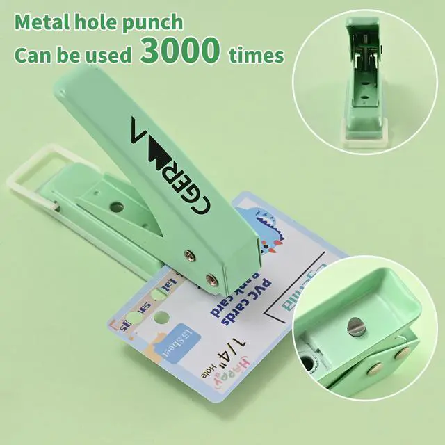 Alt view image 3 of 5 - Single Hole Puncher, 1/4" Hole, 50% Labor Savings, Heavy Duty Metal Punch, 15 Sheet Capacity, for ID Cards, Chipboard, Art Project, Crafts Easy Punching, Green