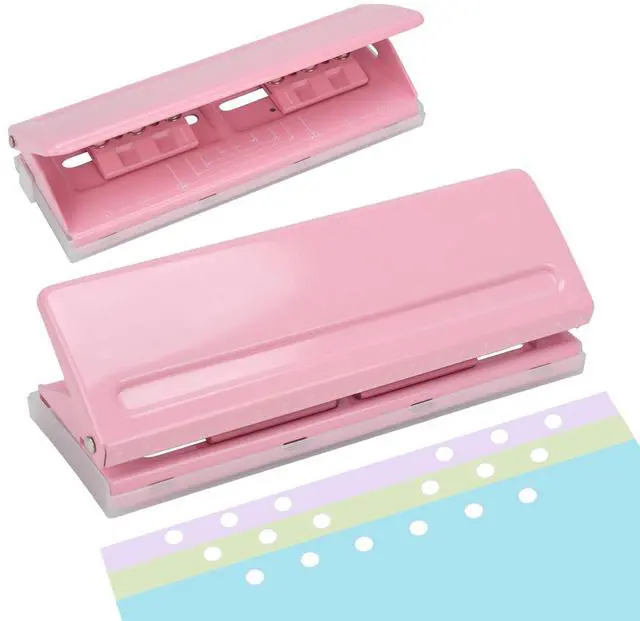 Main image of Adjustable 6-Hole Punch - Metal Hole Puncher for A4/A5/A6, Personal & Pocket Planners - 6-Ring Binder Puncher 6-Sheet Capacity, Non-Slip Base, with Ruler & Hole Guide (Pink)
