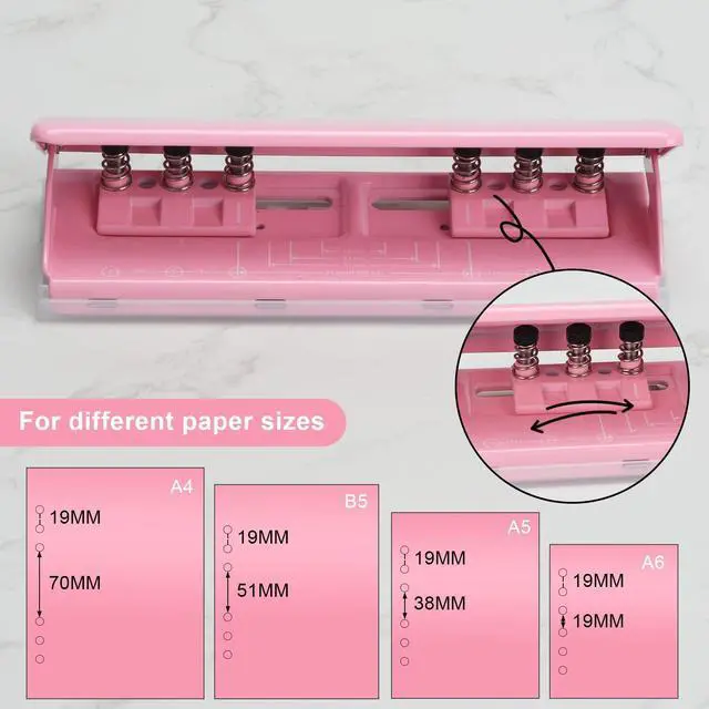 Alt view image 2 of 7 - Adjustable 6-Hole Punch - Metal Hole Puncher for A4/A5/A6, Personal & Pocket Planners - 6-Ring Binder Puncher 6-Sheet Capacity, Non-Slip Base, with Ruler & Hole Guide (Pink)