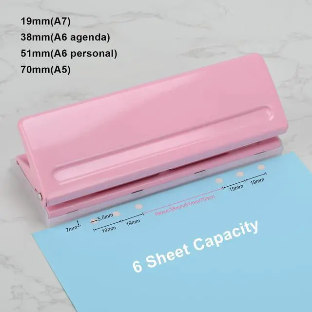 Alt view image 4 of 7 - Adjustable 6-Hole Punch - Metal Hole Puncher for A4/A5/A6, Personal & Pocket Planners - 6-Ring Binder Puncher 6-Sheet Capacity, Non-Slip Base, with Ruler & Hole Guide (Pink)