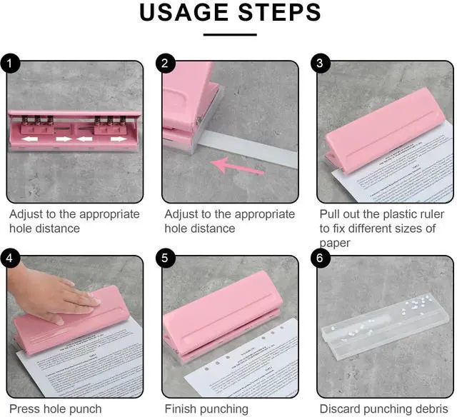 Alt view image 5 of 7 - Adjustable 6-Hole Punch - Metal Hole Puncher for A4/A5/A6, Personal & Pocket Planners - 6-Ring Binder Puncher 6-Sheet Capacity, Non-Slip Base, with Ruler & Hole Guide (Pink)
