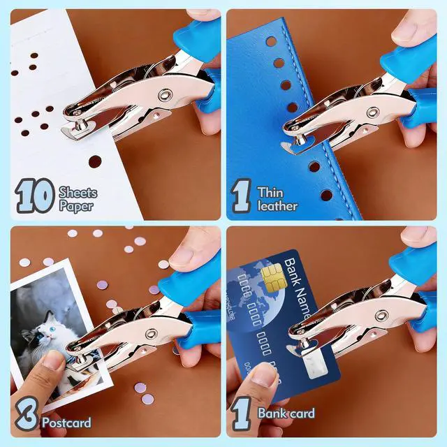 Alt view image 6 of 7 - 2 Pcs Hole Punch, 1/4" and 1/8" Hole Puncher with Blue Soft Grip for Crafts, Scrapbooks, Tags, Tickets, Handheld Circle Single Hole Punch for Home, Office and Classroom