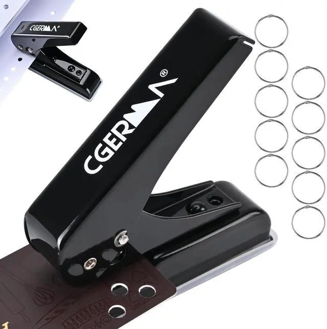 Main image of Single Hole Punch, 30 Sheet Capacity, with 10 Pcs Loose Leaf Binder Rings, Heavy Duty Paper Hole Puncher, 1/4" Hole Punches, 60% Labor Savings for for ID Cards, Chipboard Art Projects, Black