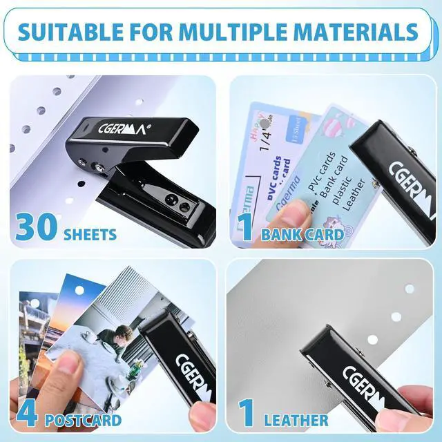 Alt view image 5 of 6 - Single Hole Punch, 30 Sheet Capacity, with 10 Pcs Loose Leaf Binder Rings, Heavy Duty Paper Hole Puncher, 1/4" Hole Punches, 60% Labor Savings for for ID Cards, Chipboard Art Projects, Black