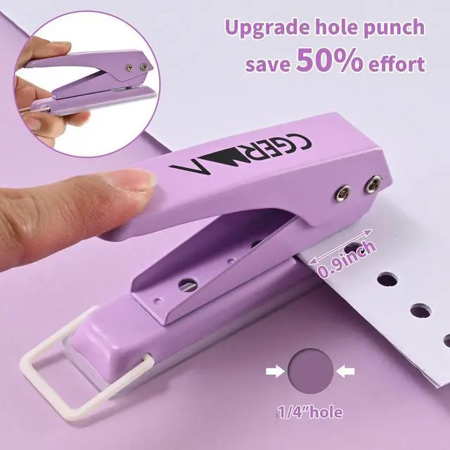 Alt view image 2 of 6 - Single Hole Puncher, 1/4" Hole, 50% Labor Savings, Heavy Duty Metal Punch, 15 Sheet Capacity, for ID Cards, Chipboard, Art Project, Crafts Easy Punching, Purple
