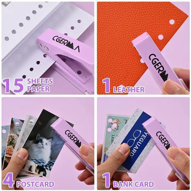 Alt view image 6 of 6 - Single Hole Puncher, 1/4" Hole, 50% Labor Savings, Heavy Duty Metal Punch, 15 Sheet Capacity, for ID Cards, Chipboard, Art Project, Crafts Easy Punching, Purple