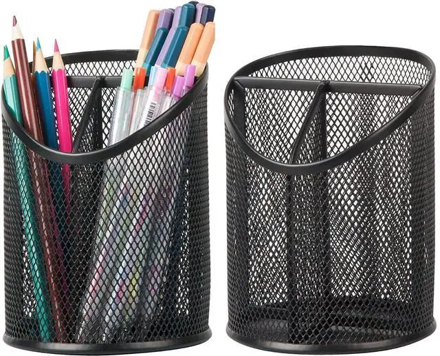 Main image of 2 Pack Pen Holder Mesh Round Pencil Holder Desktop Organizer 3 Compartments, Black