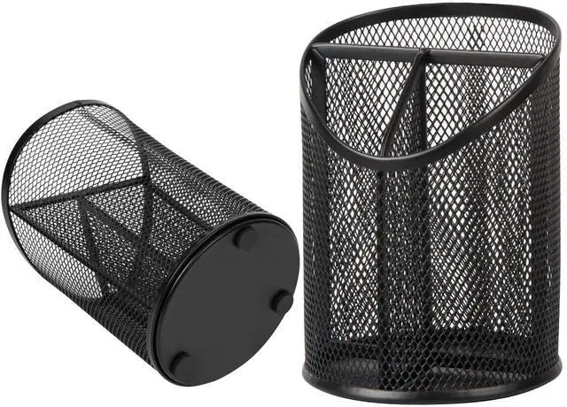 Alt view image 3 of 7 - 2 Pack Pen Holder Mesh Round Pencil Holder Desktop Organizer 3 Compartments, Black