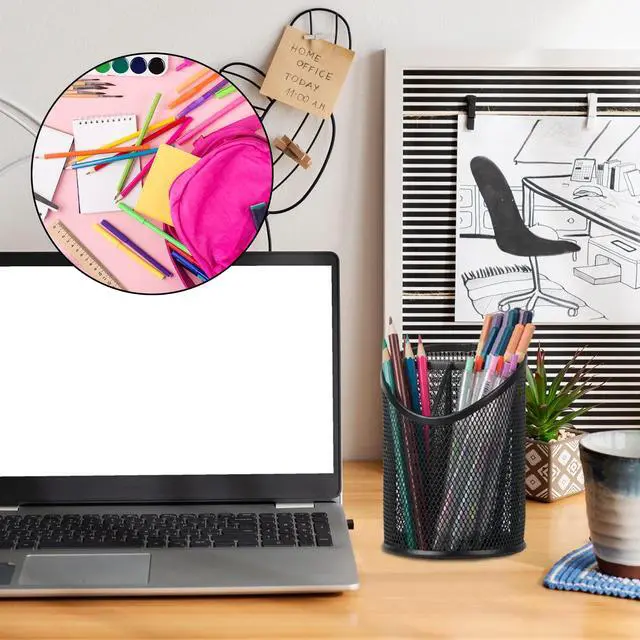 Alt view image 5 of 7 - 2 Pack Pen Holder Mesh Round Pencil Holder Desktop Organizer 3 Compartments, Black