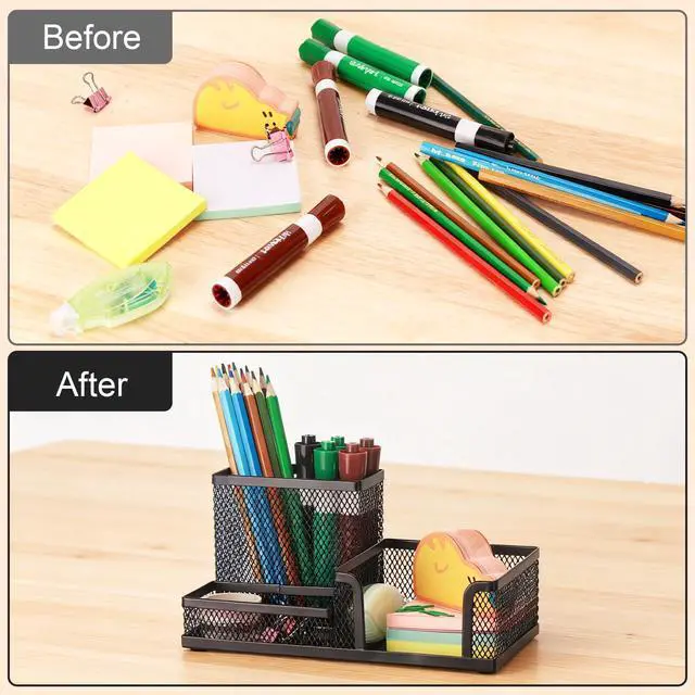 Alt view image 4 of 7 - Mesh Pen Pencil Holder Desk Organizer, 3 Compartment Wire Desktop Pen Pencil Cup Caddy Office Supplies Desk Accessories for Home Office School, Black