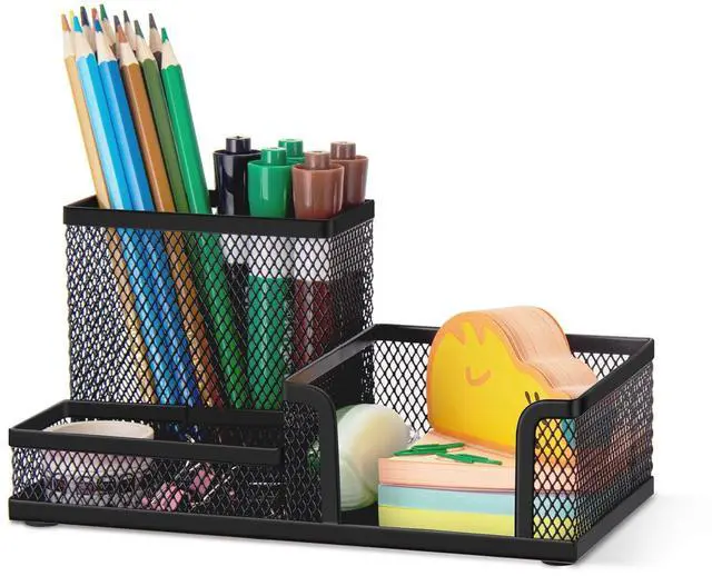 Main image of Mesh Pen Pencil Holder Desk Organizer, 3 Compartment Wire Desktop Pen Pencil Cup Caddy Office Supplies Desk Accessories for Home Office School, Black