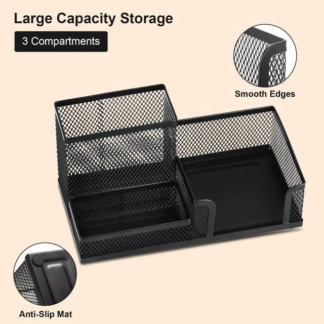 Alt view image 3 of 7 - Mesh Pen Pencil Holder Desk Organizer, 3 Compartment Wire Desktop Pen Pencil Cup Caddy Office Supplies Desk Accessories for Home Office School, Black