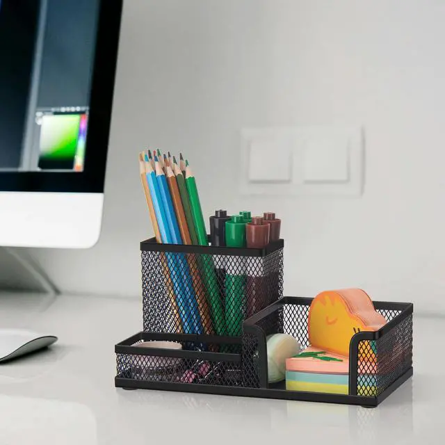 Alt view image 7 of 7 - Mesh Pen Pencil Holder Desk Organizer, 3 Compartment Wire Desktop Pen Pencil Cup Caddy Office Supplies Desk Accessories for Home Office School, Black