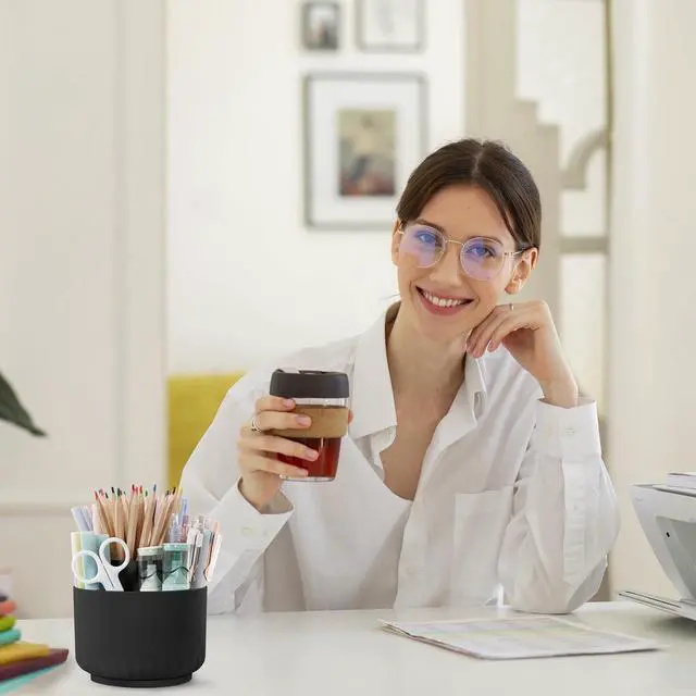 Alt view image 7 of 7 - 360 Degree Rotating Pencil Pen Holder for Desk, Dual-Purpose Desk Organizer, Rotating Pencil Cup with 5 Slots, Office Supplies, Desk Decor for Office, School, Home