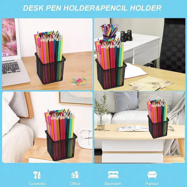Alt view image 4 of 6 - Pen Holder Pencil Holder Metal Pen Holder Cup Pencil Holder for Desk Office Pen Pencil Organizer for Desk Black, Square 4 Pack