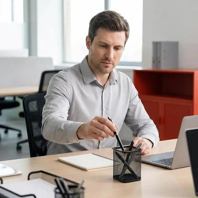 Alt view image 5 of 6 - Pen Holder Pencil Holder Metal Pen Holder Cup Pencil Holder for Desk Office Pen Pencil Organizer for Desk Black, Square 4 Pack