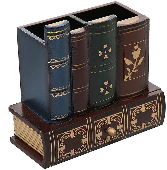 Main image of Decorative Desk Organizer Caddy, Pencil and Pen Holder with Bottom Storage Drawer and Antique Library Books Design
