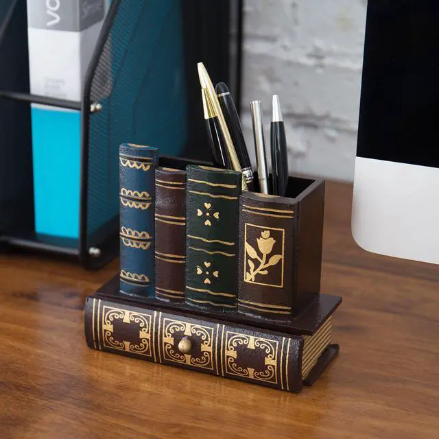 Alt view image 2 of 7 - Decorative Desk Organizer Caddy, Pencil and Pen Holder with Bottom Storage Drawer and Antique Library Books Design