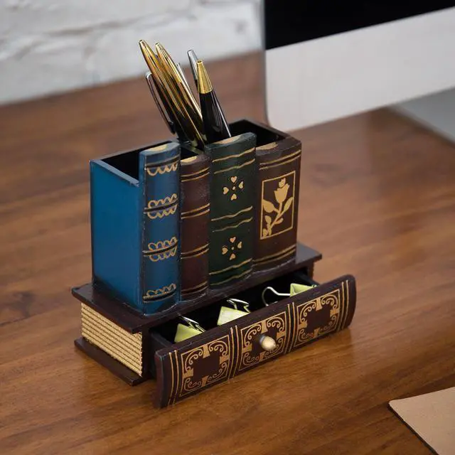 Alt view image 3 of 7 - Decorative Desk Organizer Caddy, Pencil and Pen Holder with Bottom Storage Drawer and Antique Library Books Design