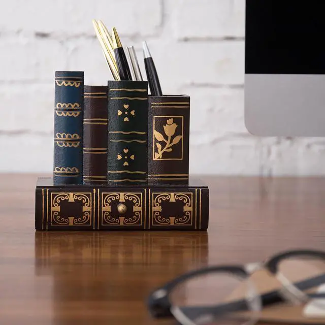 Alt view image 5 of 7 - Decorative Desk Organizer Caddy, Pencil and Pen Holder with Bottom Storage Drawer and Antique Library Books Design