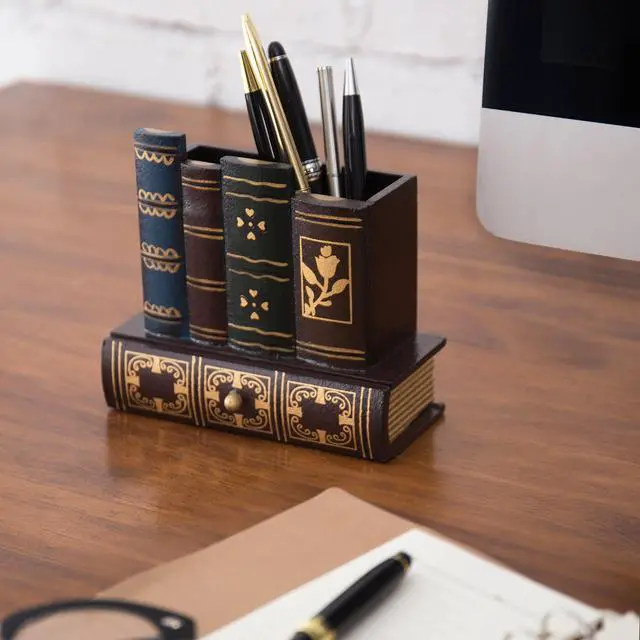 Alt view image 4 of 7 - Decorative Desk Organizer Caddy, Pencil and Pen Holder with Bottom Storage Drawer and Antique Library Books Design