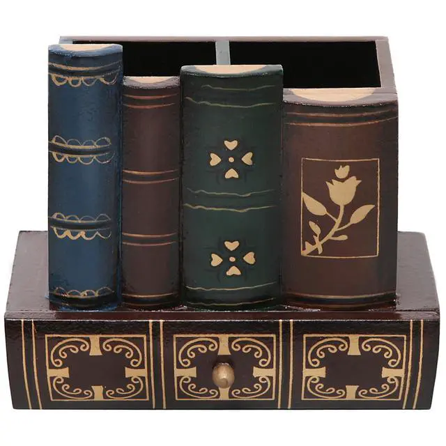 Alt view image 6 of 7 - Decorative Desk Organizer Caddy, Pencil and Pen Holder with Bottom Storage Drawer and Antique Library Books Design