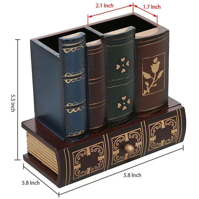 Alt view image 7 of 7 - Decorative Desk Organizer Caddy, Pencil and Pen Holder with Bottom Storage Drawer and Antique Library Books Design