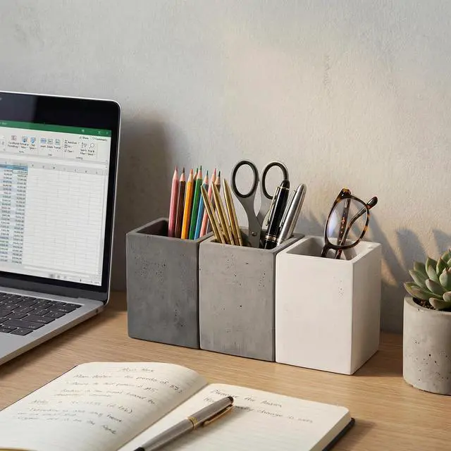 Alt view image 3 of 7 - Pen Holder Pencil Holder For Desk,Pen Cup Holder For Desk,Concrete Desktop Pencil Cup,Modern Gray-Tone,Set of 3