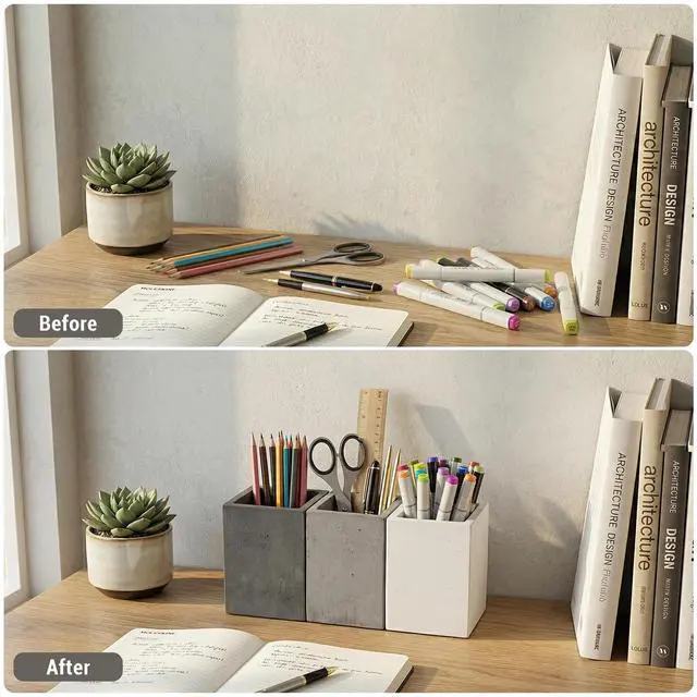 Alt view image 6 of 7 - Pen Holder Pencil Holder For Desk,Pen Cup Holder For Desk,Concrete Desktop Pencil Cup,Modern Gray-Tone,Set of 3