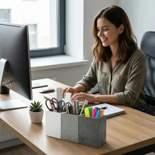 Alt view image 7 of 7 - Pen Holder Pencil Holder For Desk,Pen Cup Holder For Desk,Concrete Desktop Pencil Cup,Modern Gray-Tone,Set of 3