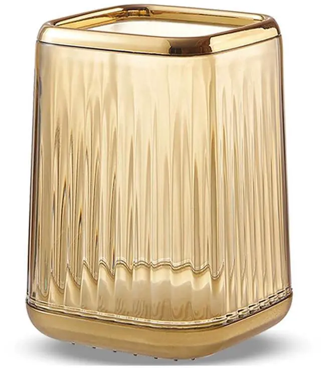 Main image of Acrylic Pen Holder, Cute Clear Gold Desk Organizer for Pencils, Makeup Brushes Toothbrushes with Striped Design for Vanity Bathroom Storage Cup